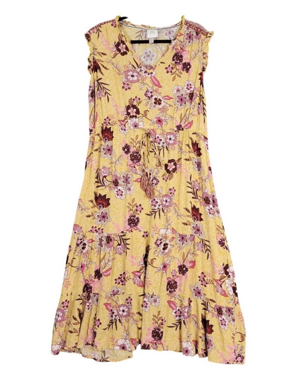 KNOX ROSE Yellow Floral Boho Cottagecore Sleeveless Tiered Midi Dress SIZE XXL